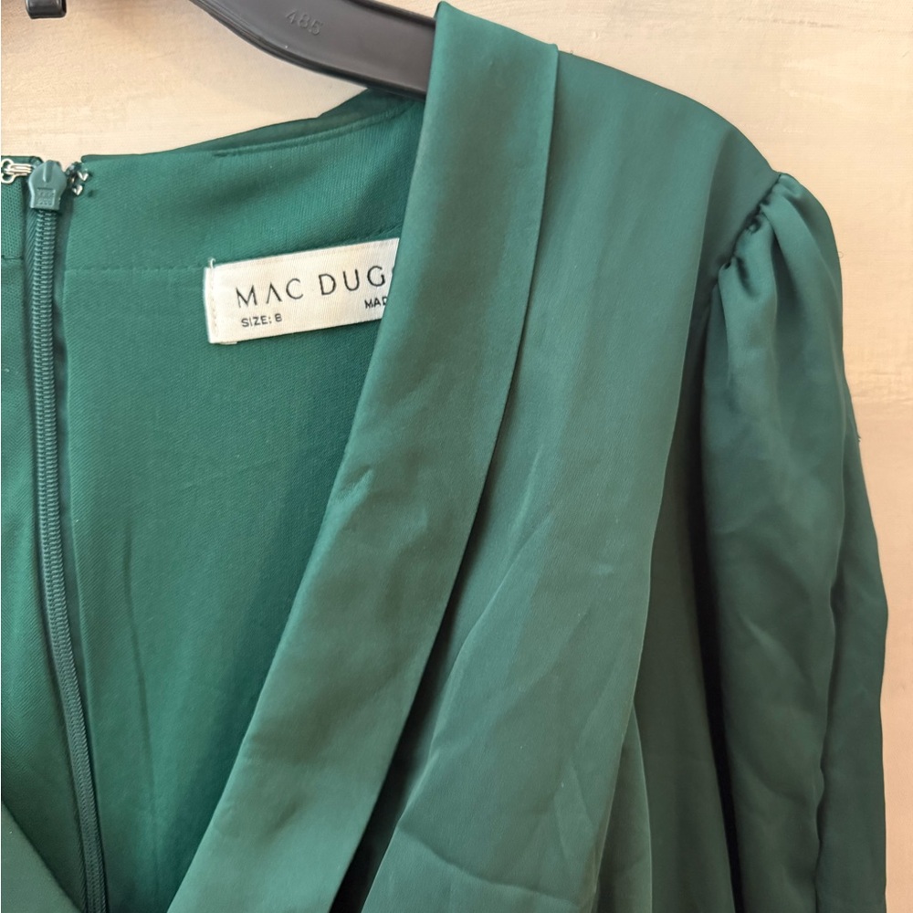 Mac Duggal Emerald Green Long Sleeve Bishop Satin Cocktail Dress - Picture 3 of 9
